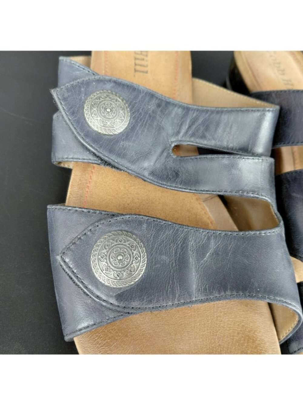 Cobb Hill Sandals Womens Size 10 Blue Leather Slide Wedge Comfort Adjust Straps - Picture 3 of 10